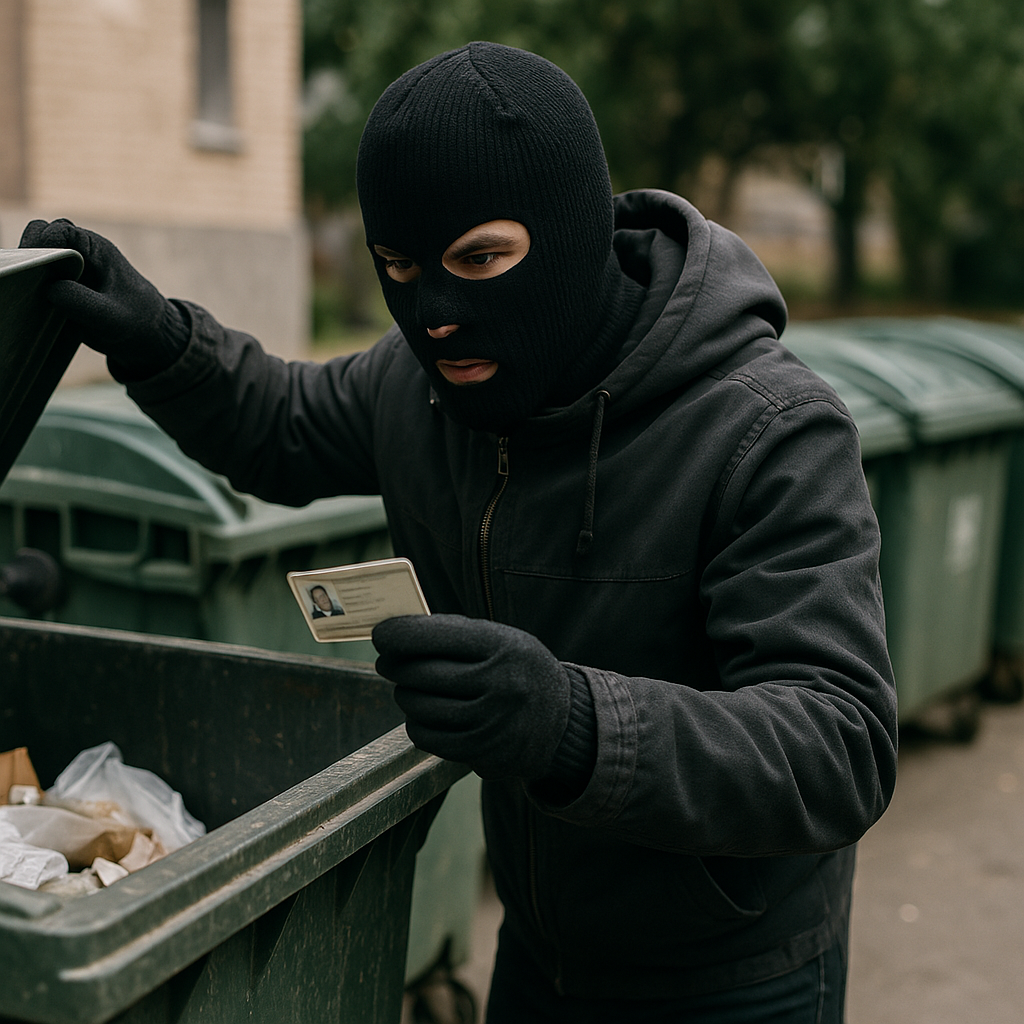 Immagine di un uomo mascherato che trova un documento di identità in un cassonetto dei rifiuti
